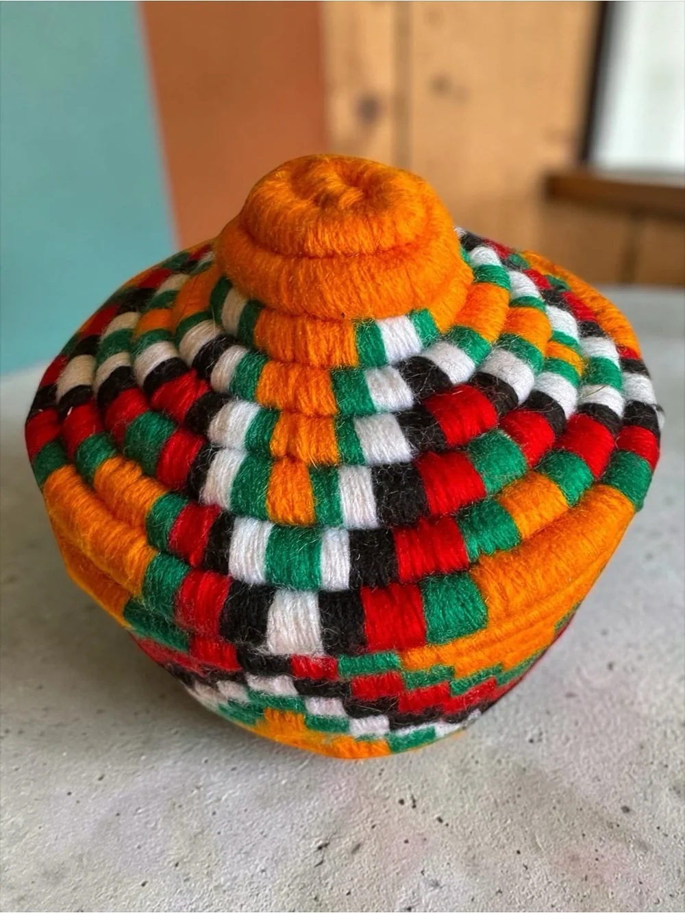 Berber Handwoven Wool Yarn Orange Basket with Lid.